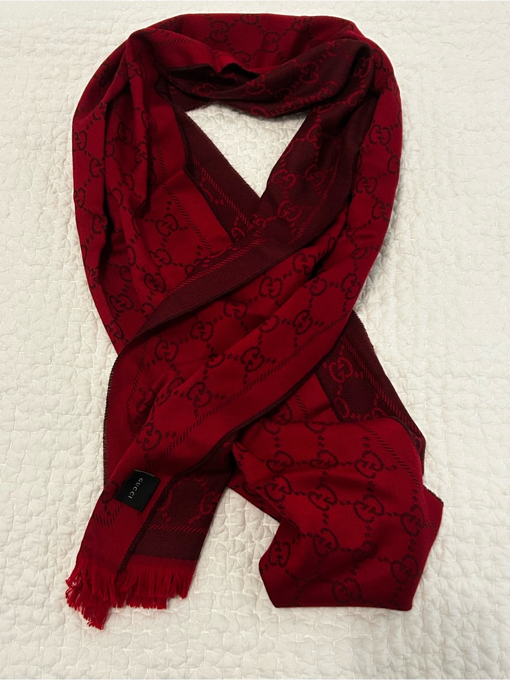 Gucci Red and Burgundy GG Jacquard Scarf 72” X 19”